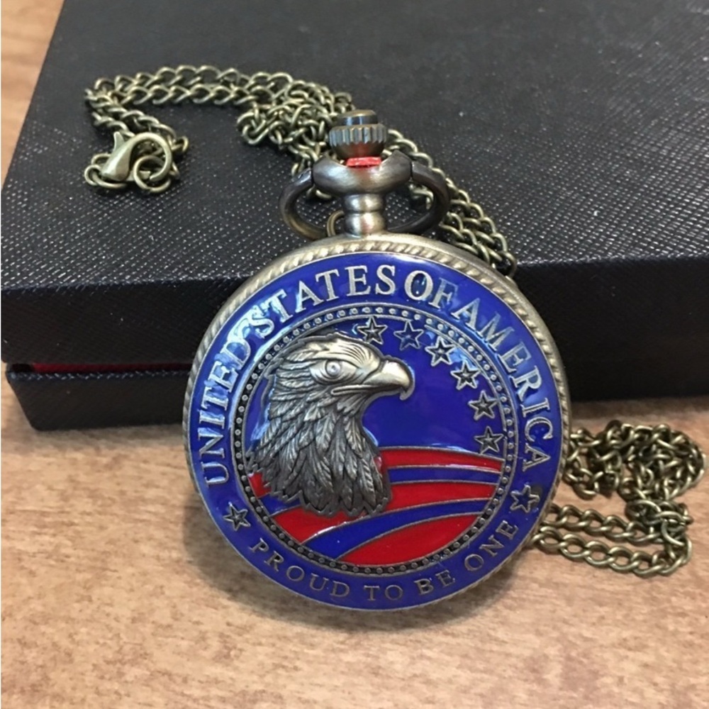 Eagle on World American‎ Flag Pattern Pocket Watch Chain-New